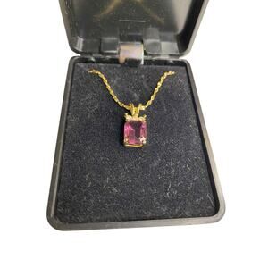 Goldtone Pendant Necklace Emerald Cut Purple Glass 17.5" Chain
